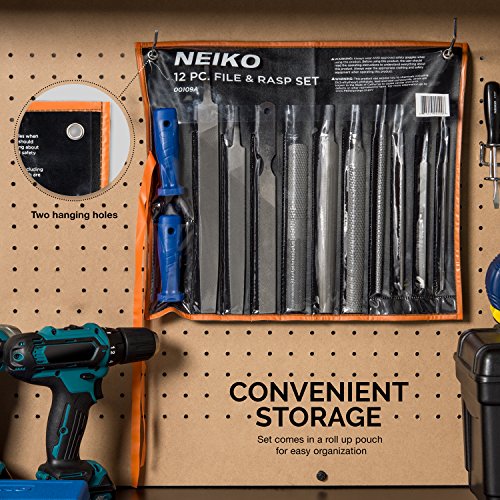 Neiko 00109A Metal File and Rasp Set | 12 Piece, 10, 8, and 6 Inch Extra Slim Flat, Half, Mill, and Round Files Set | Non Slip PVC Handle, Wood File | Heat Treated Carbon Steel Two Way File - Image 5