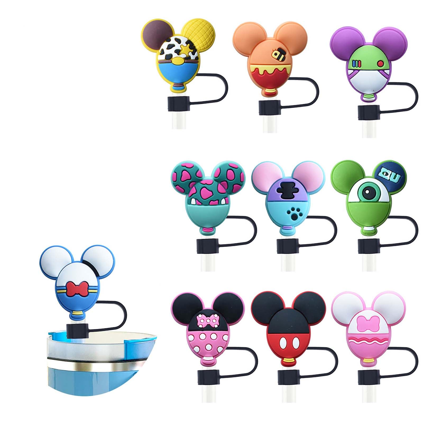 Dinghaole 10Pcs Mouse Cartoon Silicone Straw Toppers for 10 mm Straws, Reusable Drinking Straw Lid, Cup Dust-Proof Plugs