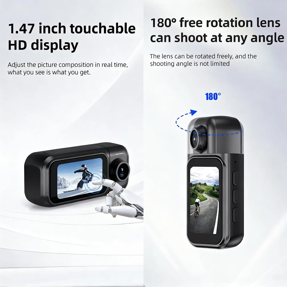 Mini Action Cam con Schermo Touch, Fotocamera Magnetica Portatile per Vlog e Social Media, Mini Body Cam con Custodia Subacquea 30m, Grandangolo 120°, WiFi, Supporto App，Bianca