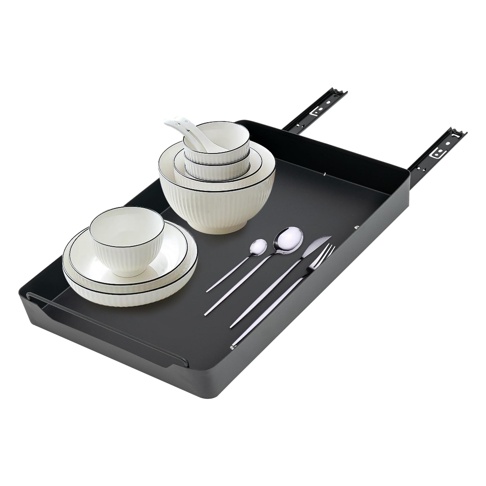 Cassetto telescopico in metallo, 43 x 25 x 7 cm, estraibile, per cucina, cucina, bagno (nero)