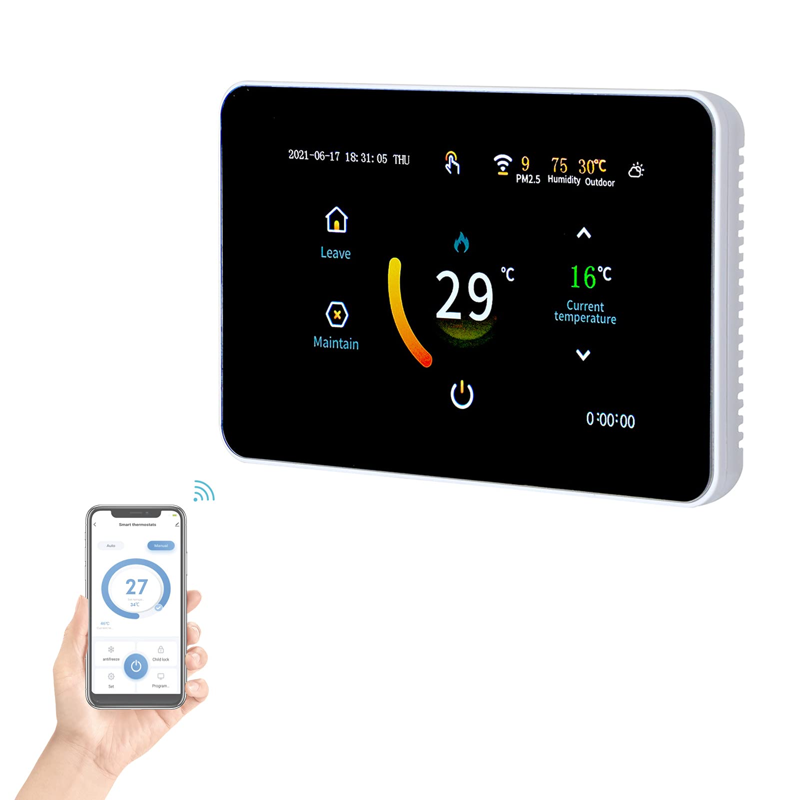 Digital Raumthermostat Fußbodenheizung WiFi Smart Thermostat, 4,3 Zoll LCD-Touchscreen, Wöchentlich Programmierbar, Wetteranzeige, Kompatibel mit Google Home/Alexa, APP Fernbedienung