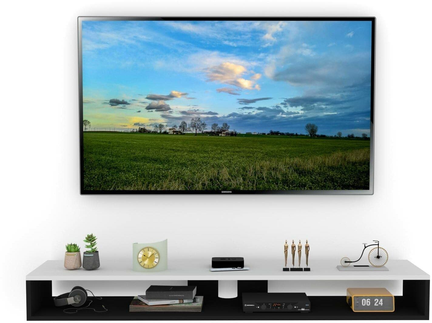 SNQ Beautiful Laminated 17mm Engineered Wood TV Entertainment Unit for Living Room Wall Mount/Wall TV Panel Set-Up Box Holder for 43 inch/Tv Unit Wall Mount (Black & White)