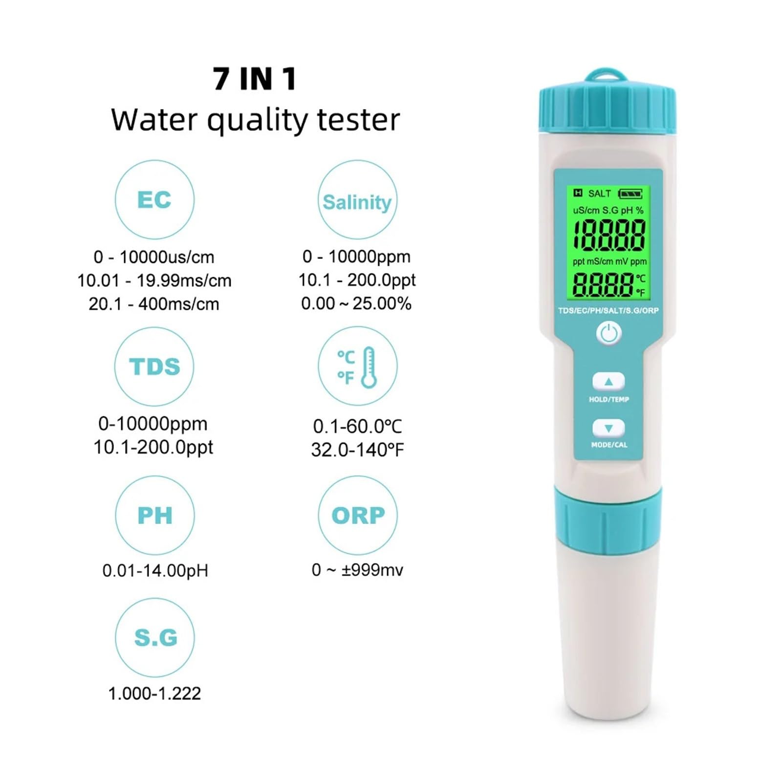 7 en 1 PH/TDS/EC/ORP/salinité/S. G/compteur de température C-600 testeur de qualité de l'eau for l'eau potable, ph-mètre d'aquarium