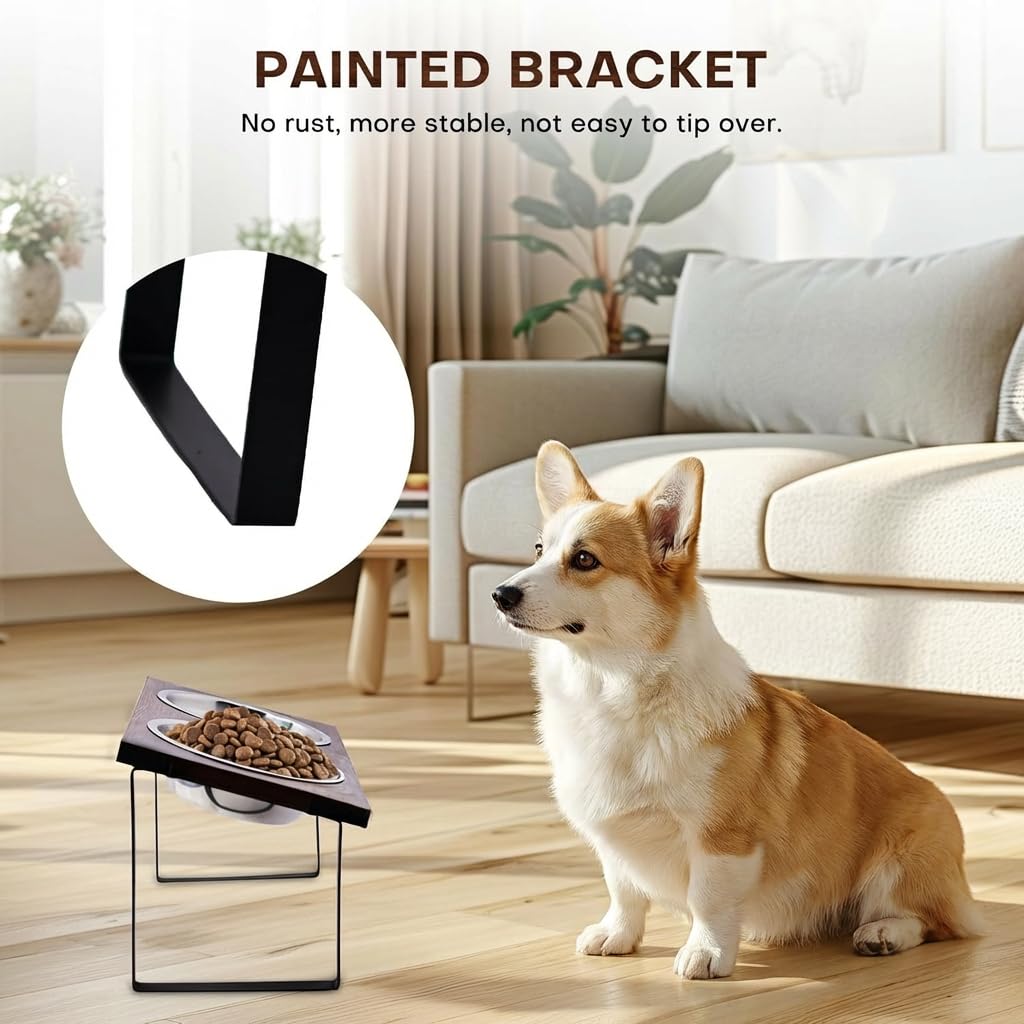Soporte elevado para cuencos para perros medianos y grandes, comedero elevado de MDF con 2 cuencos de acero inoxidable, juego de platos inclinados para comida y agua para perros, estación de