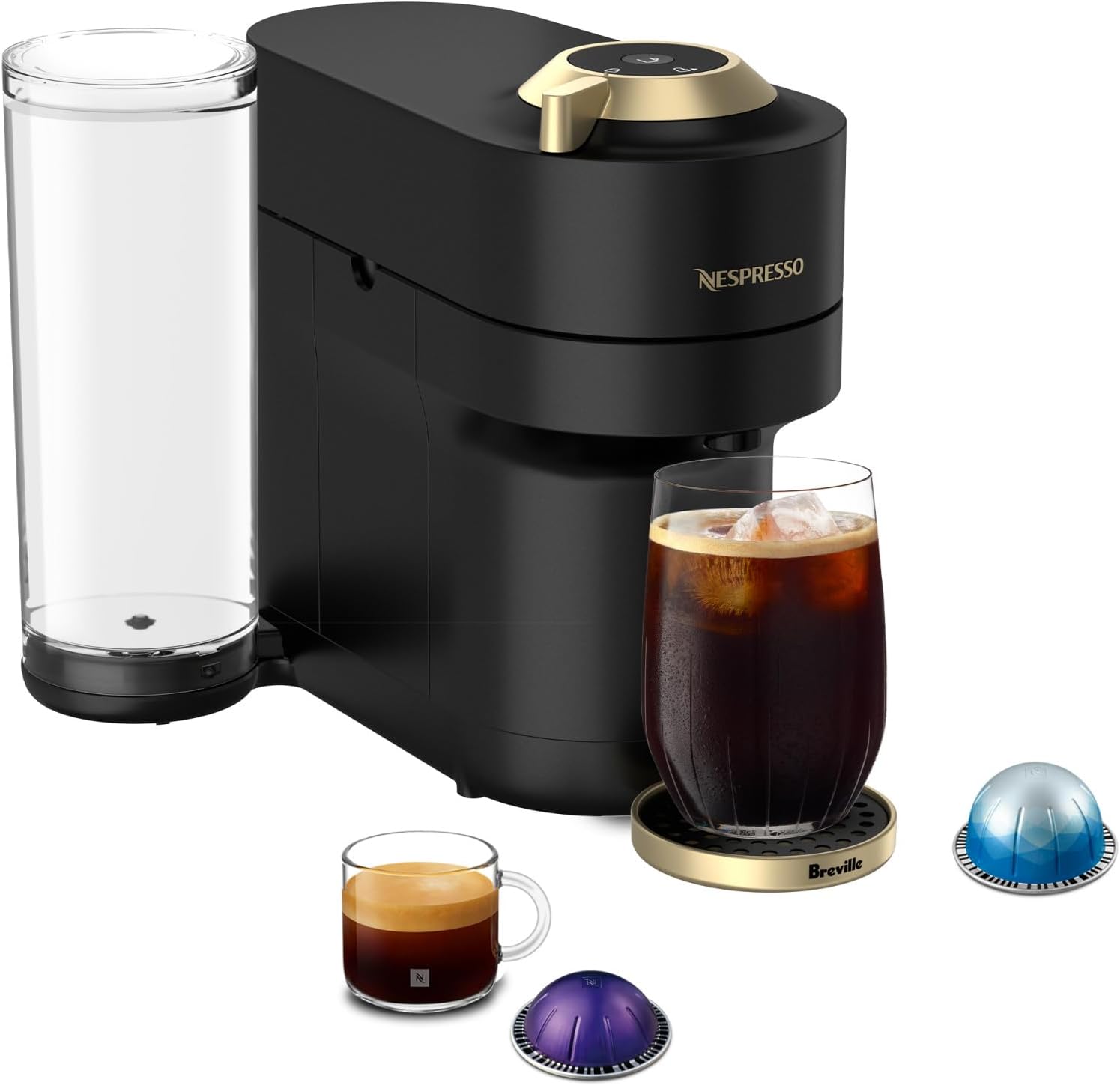 Nespresso Festive Vertuo Pop+ Coffee and Espresso Maker by Breville, Matte Black Gold Machine Only Matte Black Gold