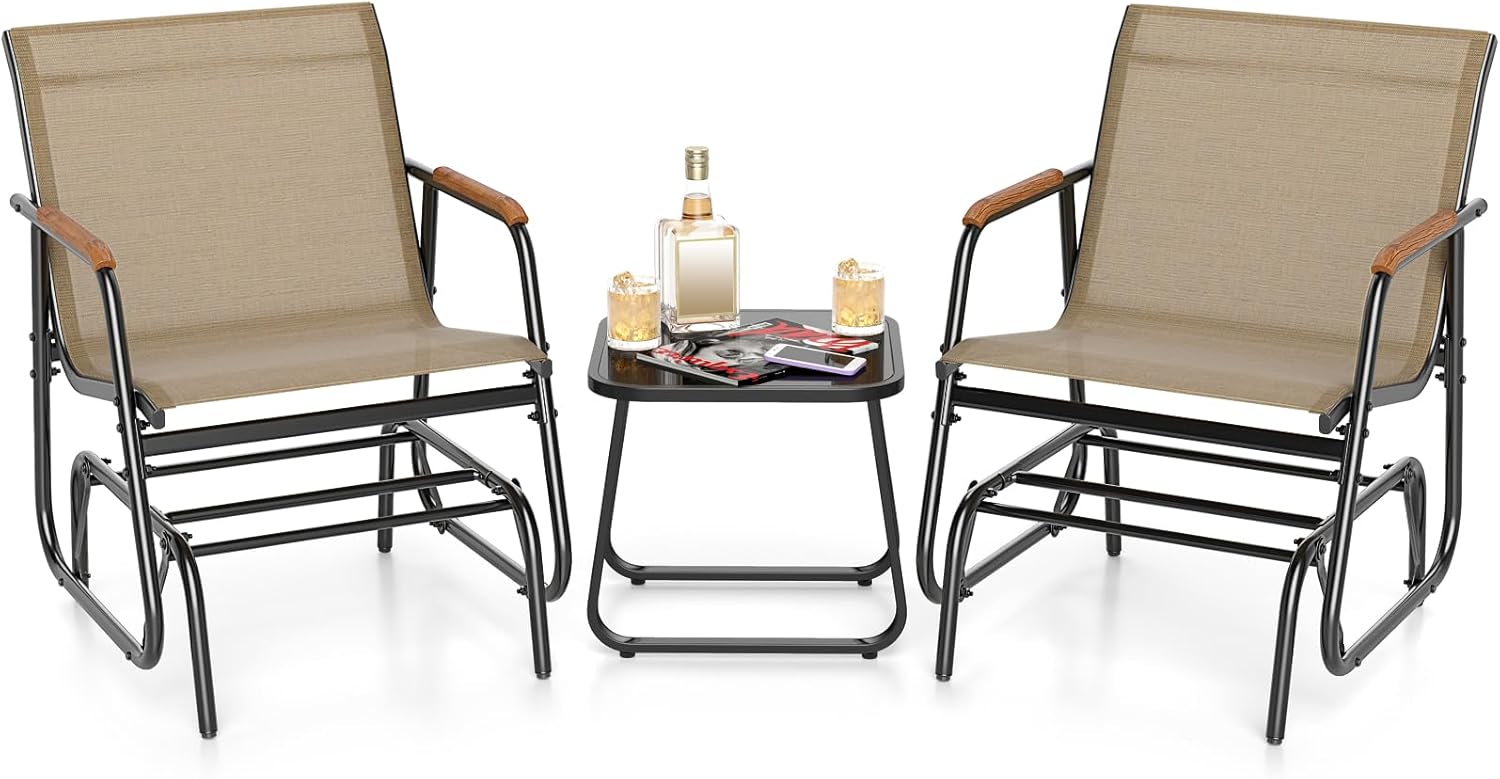 Giantex 3-Piece Outdoor Glider Set, 2-Pack Rocking Chairs with Small Tempered Glass Coffee Table, Metal Frame, Porch Rocker, Patio Bistro Set for Outside, Garden, Backyard, Balcony, Brown