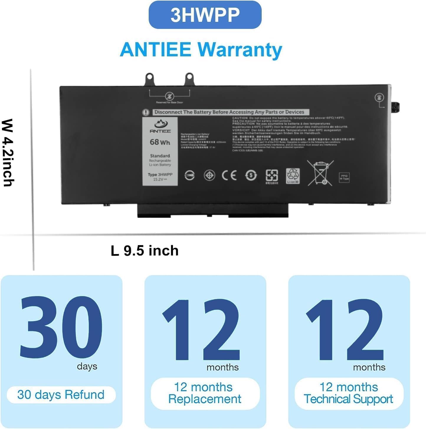 ANTIEE 68Wh 3HWPP Laptop Batterie pour Dell Latitude 5410 5510 5501 5401 5411 5511 Precision 3541 3551,Inspiron 7706 2-in-1, Inspiron 17 7500 7506 2-in-1 Black 03HWPP 10X1J N2NLL 1VY7F 451-BCMN 15.2V
