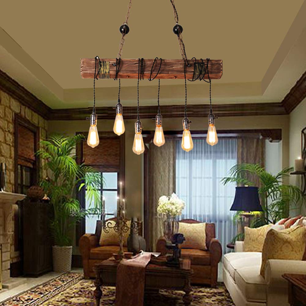 Oprawa oświetleniowa wisząca retro vintage żyrandol przemysłowy drewniany lampa sufitowa przemysłowe wyposażenie oświetleniowe E27 salon sypialnia kuchenna restauracja, 6 głów