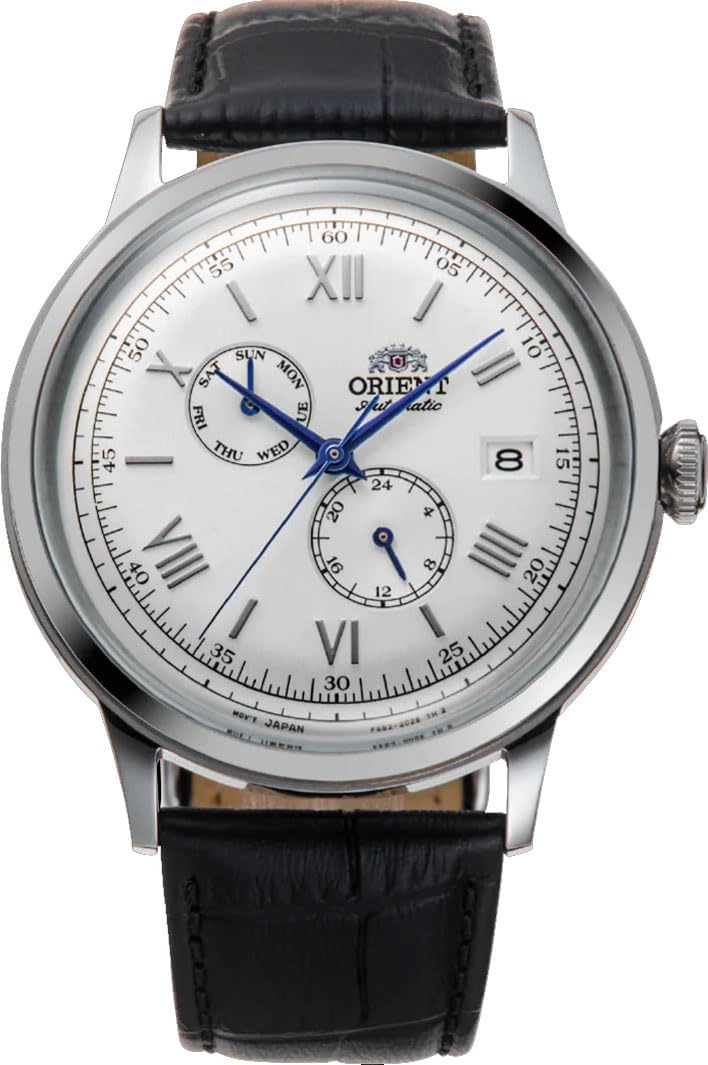 ORIENT RA-AK0701S Men's Bambino Version 8 Leather Band White Dial Multifunction Automatic Watch