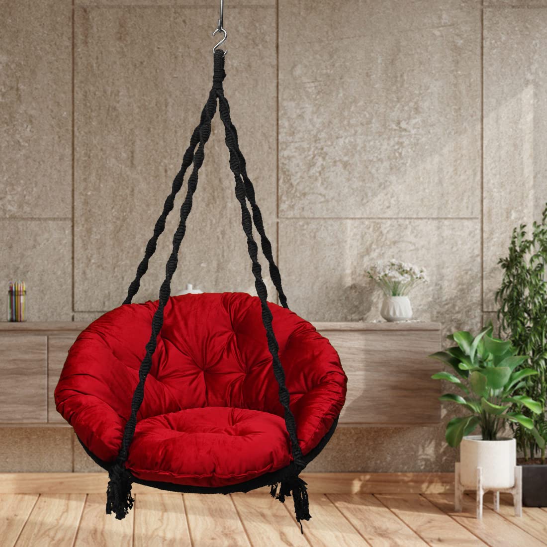 Patiofy Cotton Swing For Adult/Premium Round Shaped Jhula For Adults/Swing For Balcony/Hammock Swing/Jhoola Outdoor/ 150Kgs Weight Capacity/Includes Large Red Sitting Cushion (Black-32Inches)