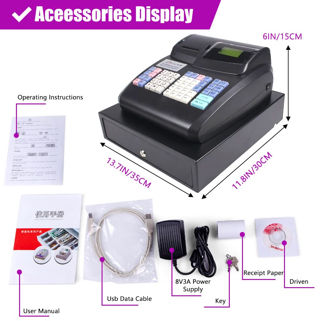 Caisse enregistreuse électronique avec Clavier Plat, Caisse enregistreuse Commerciale à 48 Touches avec Tirelire et imprimante Thermique, pour Centre Commercial,Black