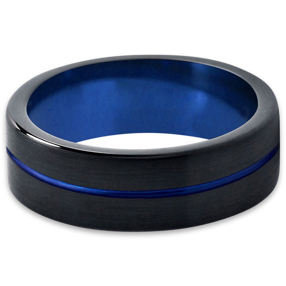 R4URINGS-4U 8mm Black Two Tone Blue Inlay Tungsten Ring Groove Matted Brushed Flat Edge it (7.5)