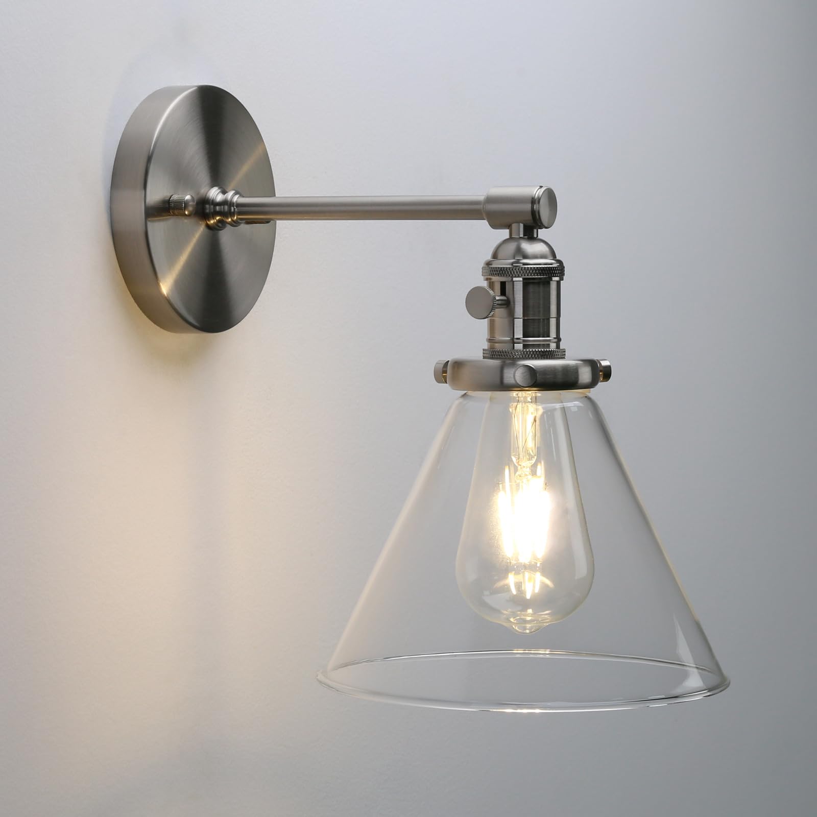 Phansthy Vintage Industrial Wall Sconce, Retro 1-Light 7.3 Inch Glass Cone Shade Wall Light Fixture for Bathroom Kitchen Bedroom (Brushed)