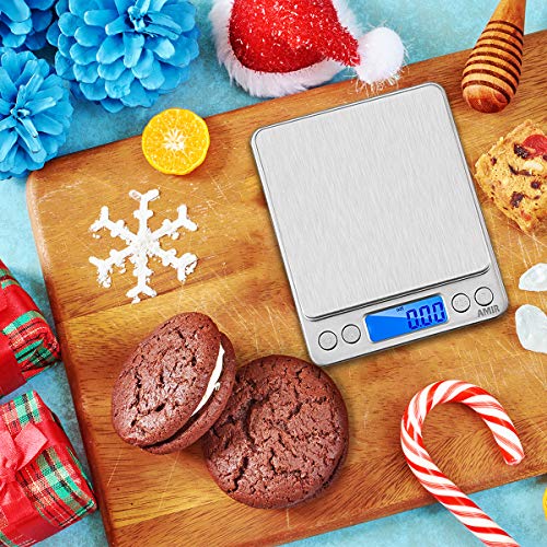 Image of AMIR Digital Kitchen Scale, 500g / 0.01g Mini Pocket Jewelry Scale, Cooking Food Scale with Back-Lit LCD Display, 2 Trays, 6 Units, Auto Off, Tare, PCS Function, Stainless Steel, Batteries Included