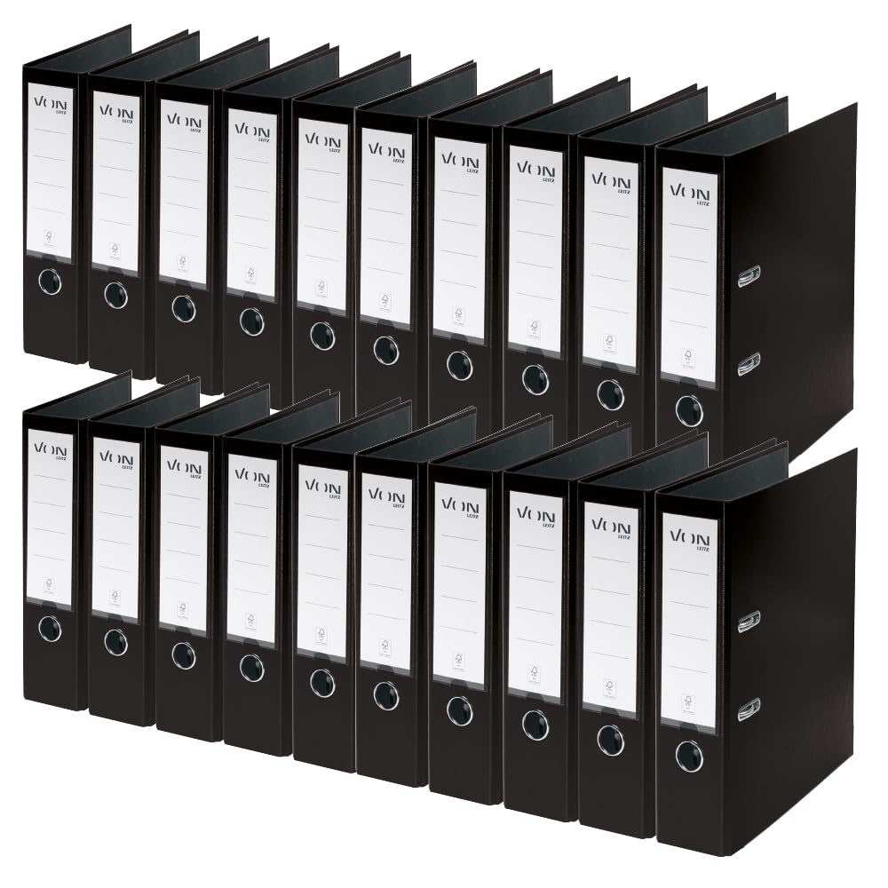 VON Leitz A4 Folder, Pack of 20, Cardboard with Plastic Cover, 80 mm Spine Width, for 600 Sheets, Blue Angel & FSC Certified, for School, Study & Home, Black, 10550095