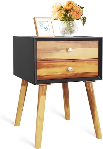 Safeplus Mesita de noche auxiliar con cajón de almacenamiento y estante, mesita de noche de madera con 2 cajones, patas de madera maciza, muebles de Safeplus Mesita de noche auxiliar con cajón de almacenamiento y estante, mesita de noche de madera con 2 cajones, patas de madera maciza, muebles de