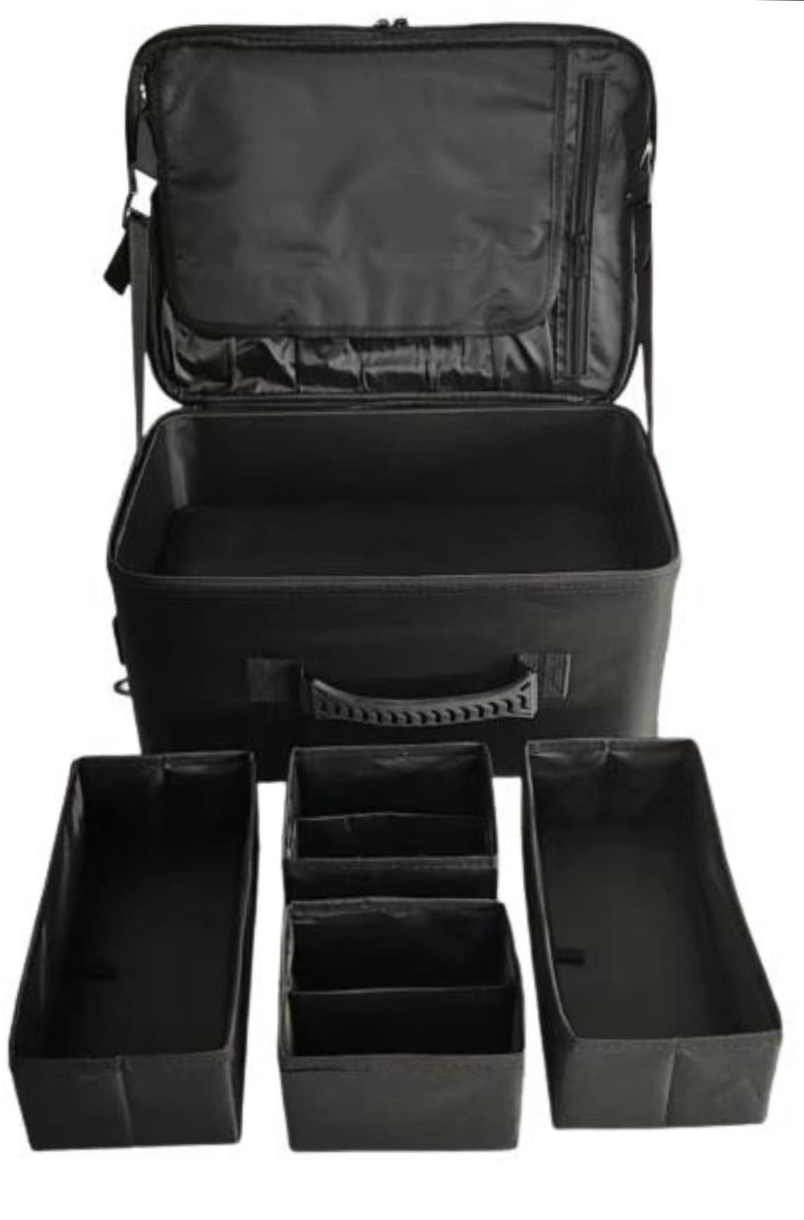 ADSON Nylon Makeup Travel Makeup Bag Cosmetic Organizer Double Extra Large Capacity Makeup Case with Adjustable Shoulder Strap & Dual Set of Adjustable Dividers (XXL Size) (Double Extra Large Black)-image-32