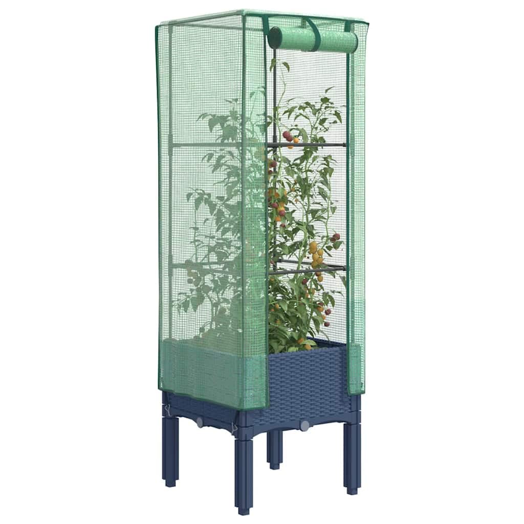 Bancal alto con accesorio de invernadero, 40 x 40 x 140 cm, aspecto de ratán, macetero de tubo de hierro y polipropileno para balcón, jardín, jardinera urbana, ahorra espacio