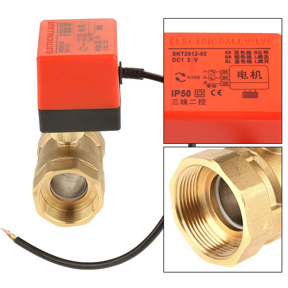 Nikou Zmotoryzowany zawór kulowy, zawór kulowy 12 V DC 12 V G1-1/2" DN40 mosiężna kula, 2-drożny napędzany siłownik, zawór kulowy, sterowanie przewodem, elektryczny zawór kulowy do klimatyzatora