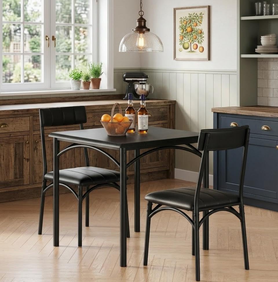 Image of GAOMON 3-Piece Dining Table Set for 2, Space-Saving Kitchen Square Table and 2 Upholstered Chairs, Farmhouse Square Kitchen Table Set, Compact Dining Room Furniture for Apartment, Studio, Black
