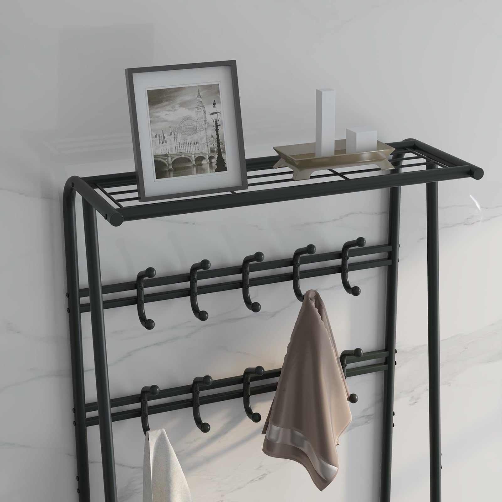 Garvee Perchero Con Zapatero Mueble Recibidor,10 Ganchos Extraíbles, Estructura Metálica Para Entrada, Puerta Principal Y Vestíbulo, Dimensiones 64×29×180 cm