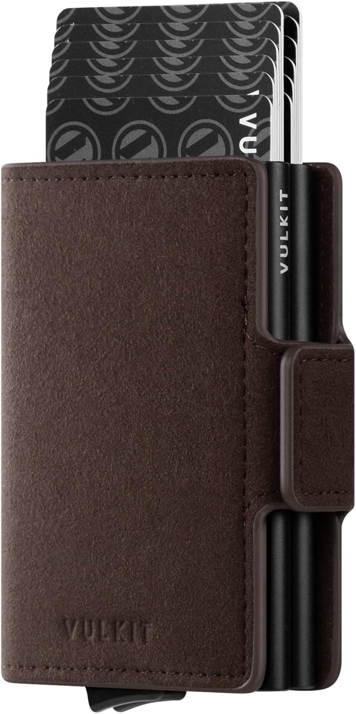 VULKIT Double Credit Card Holder RFID Blocking Pop Up Metal Card Holder Leather Men's Wallets Magnetic Closure with 2 Slots for 10-14 Cards