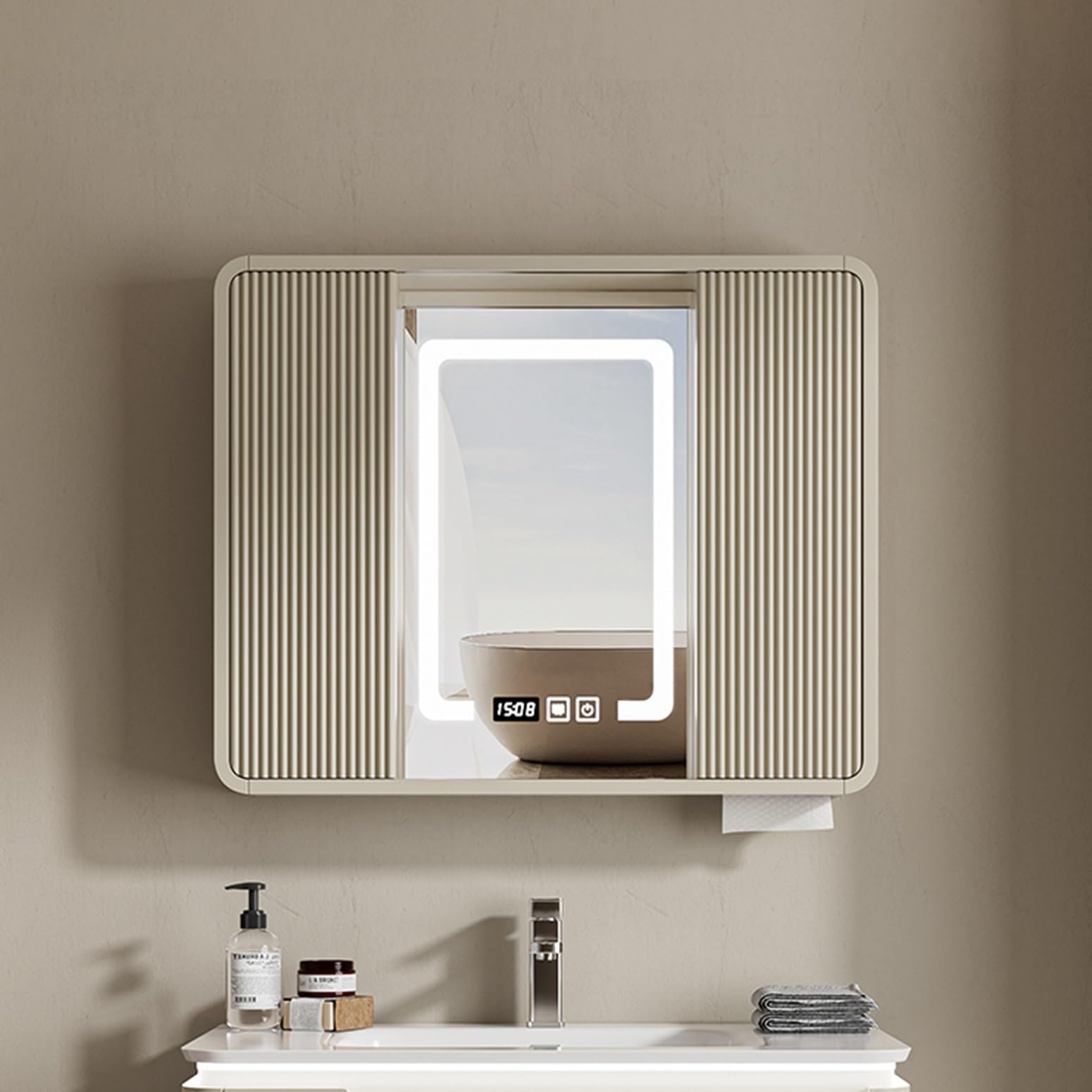 BKSXSOP Modern LED Bathroom Medicine Cabinet - Spacious Storage with Stylish White Finish, 70x70 cm Mirror, Ideal for Contemporary Home Decor & Elegant nization Solution