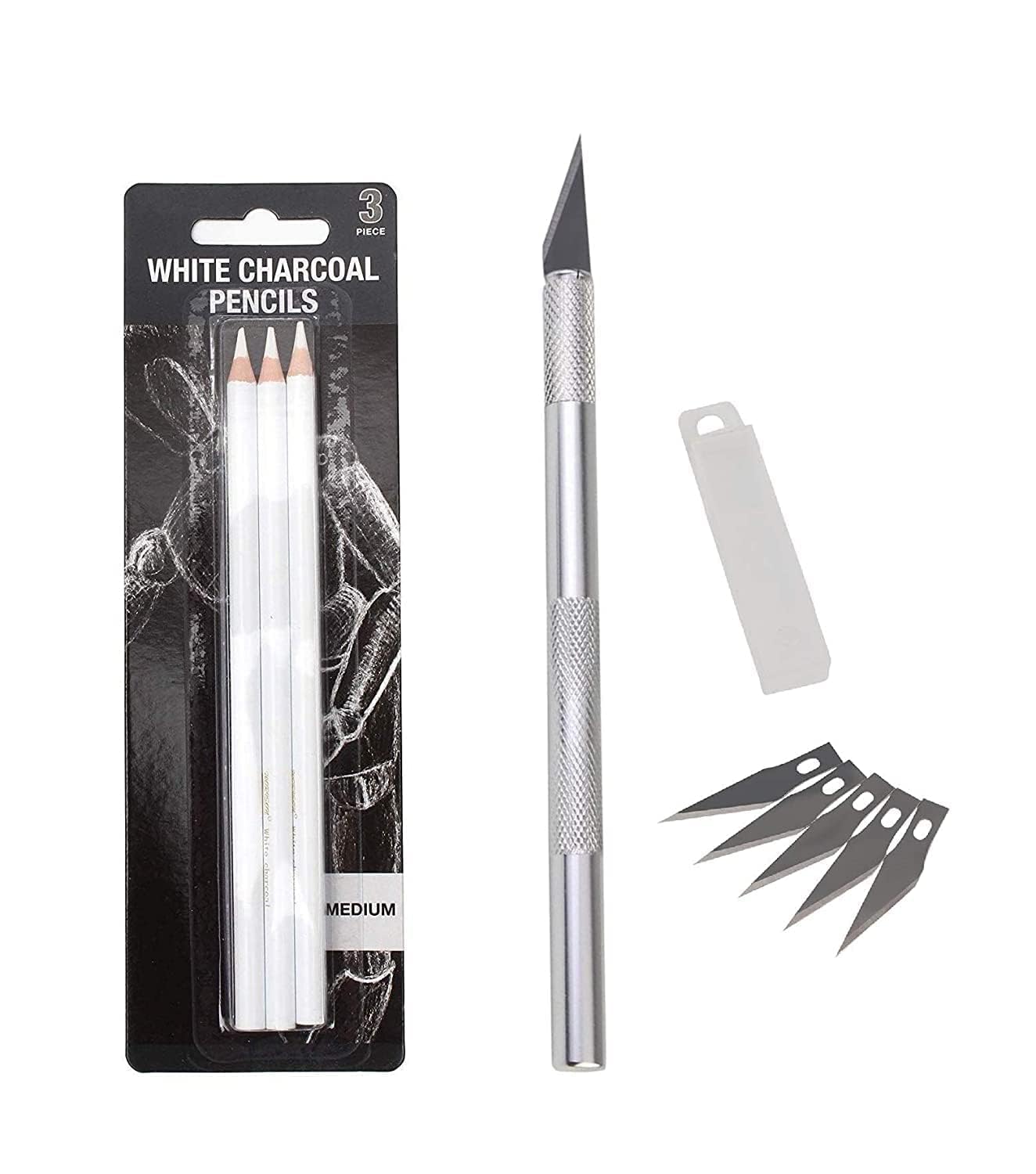 ikis Professional White Charcoal Pencil Set, Medium Grade, 17.5 cm Length, 3 Pack with Precision Metal Holder and 5 Replacement Blades-image-46