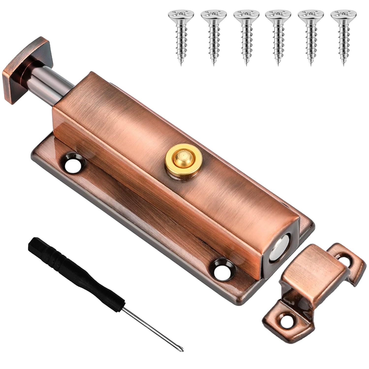 Wopanxye Push-Button Automatic Spring Pin Latch Lock, 4 Inch Spring-Loaded Sliding Barrel Bolt Latch, Versatile Mounting Stainless Steel Door Lock, for Bathrooms, Bedrooms, Pantry Door (Copper)