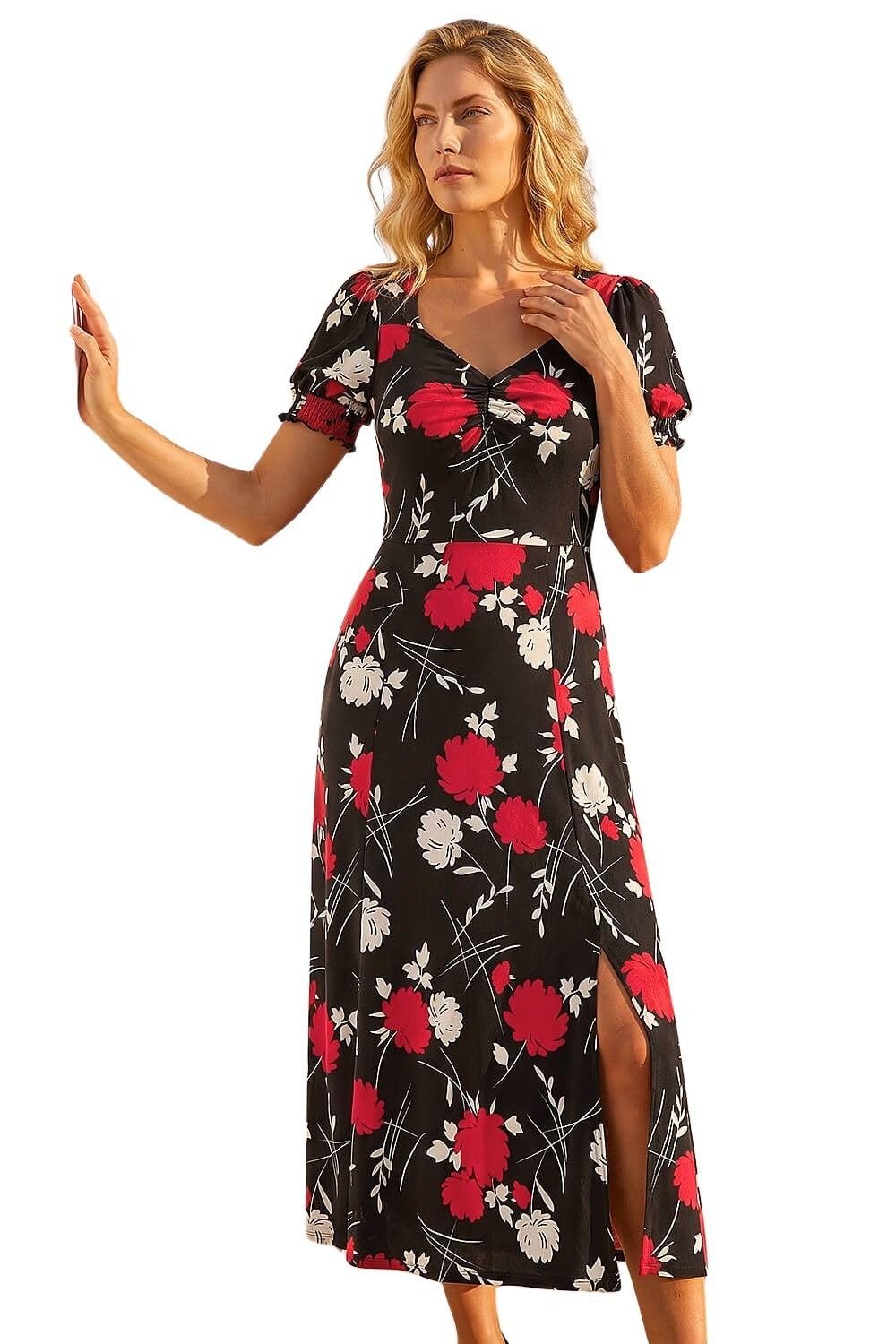 Roman Women's Red Floral Print Ruched Midi Dress