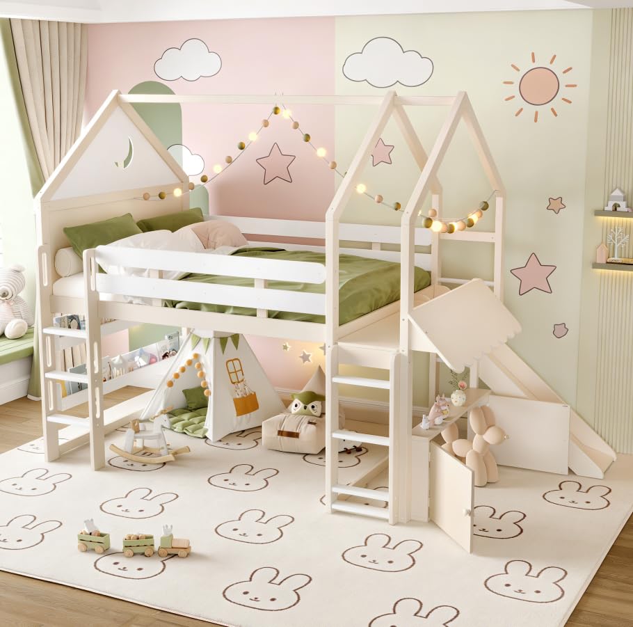 Image of Bellemave Bunk beds Full Over Full with Slide and Stair and Bookshelf Playful Design, Low bunk /loft Bed for Kids，Beige