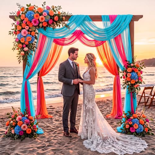 Image of Summer Wedding Arch Draping Fabric 3 Panels, Hot Pink Orange Blue | 2.46 x 20ft, Pink and Orange Sheer Chiffon Fabric Backdrop, for Tropical Colorful Sunset Party Bridal Shower Decoration