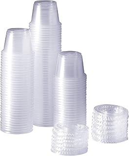 AMAXE - [200 Sets] 1 oz. Plastic Disposable Portion Cups with Lids, Souffle Cups, Condiment Sauce Containers, Jello Shot (1 oz - 200 Sets)