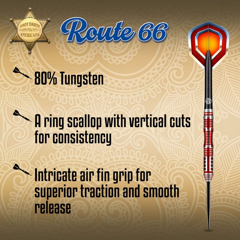 Shot! Darts Steel Tip, Americana Route 66 (23g/24g/25g), 80% Tungsten Barrel, Front Weighted, Handcrafted Professional Dart Set & Flights Made in New Zealand, Metal Tip for Bristle Dartboard
