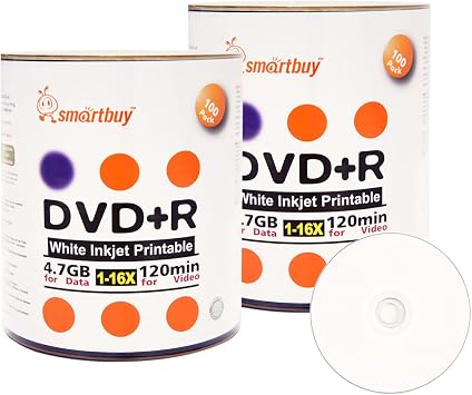 Smart Buy 200 Pack DVD+R 4.7gb 16x White Printable Hub Inkjet Disc, 200pk | Blank Recordable Media Disc, Hold Roughly 120 mins of Data, Full White Surface for Inkjet Printer, Plastic Wrap Packaging