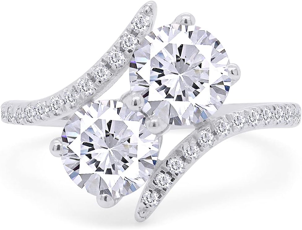 SAVEARTH DIAMONDS Two Stone Ring, 6MM Center Round Cut Sparkling White Cubic Zirconia Bypass Engagement Ring In 14k Gold Over Sterling Silver Jewelry For Women