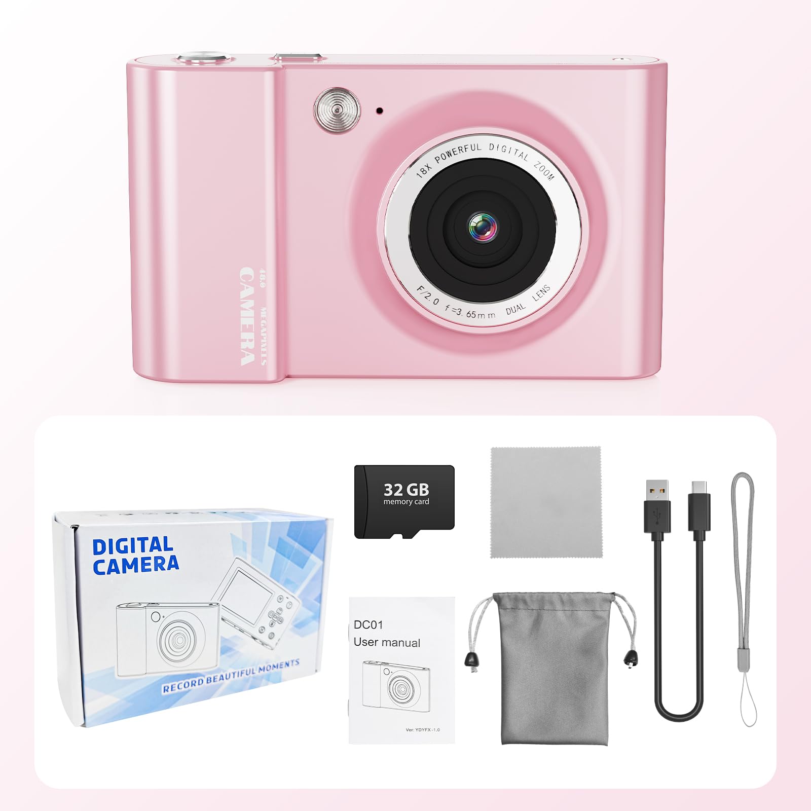 Cámara digital 4K 64MP FHD cámara fotográfica para niños, zoom digital de 18 x cámara compacta con pantalla de 2,4 pulgadas, antivibración, flash LED, tarjeta SD de 32 GB, cámara de fotos para niños
