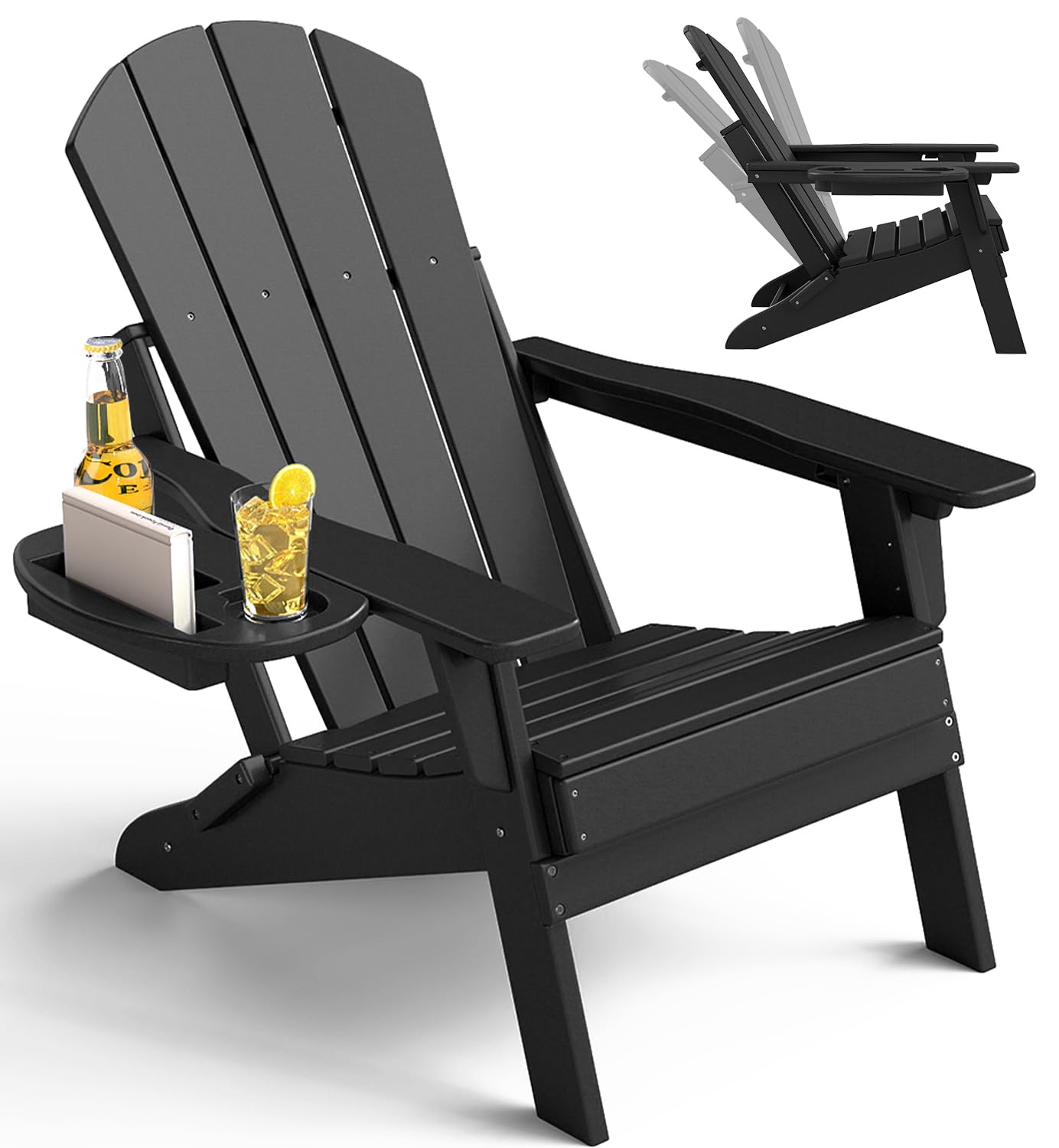 NAVINE Adjustable Adirondack Chair with Cup Holder, All Weather HDPE Fire Pit Chairs for Deck, Backyard, Patio, Black