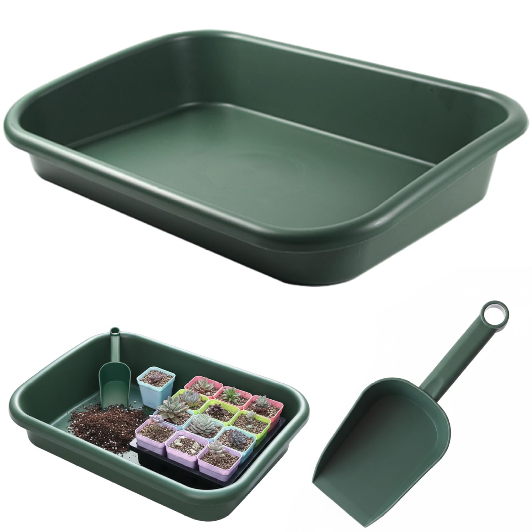 Temeemeg Potting Trays for Plants Gardening Tray with Shovel 16.5x11.4 Inch Thickened Waterproof Mat for Repotting Seeding & Soil Mixing Keeps Balcony & Desk Clean Green