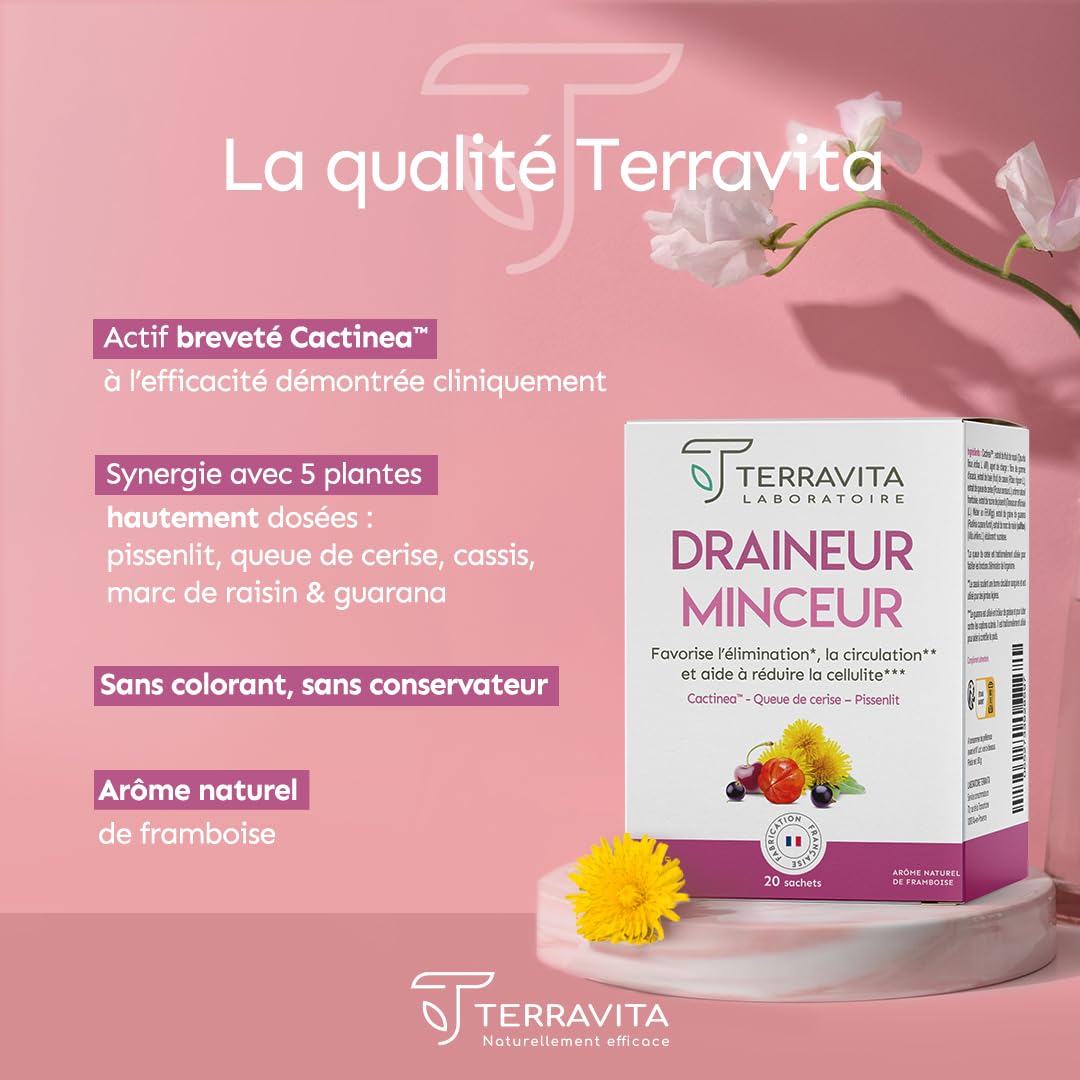 DRAINEUR MINCEUR | Action Detox Anti-Cellulite et Jambes Lourdes | Stimule la Circulation Sanguine et Lymphatique | Actif Breveté Cactinea™ | 20 Sachets Goût Framboise | Made in France | Terravita