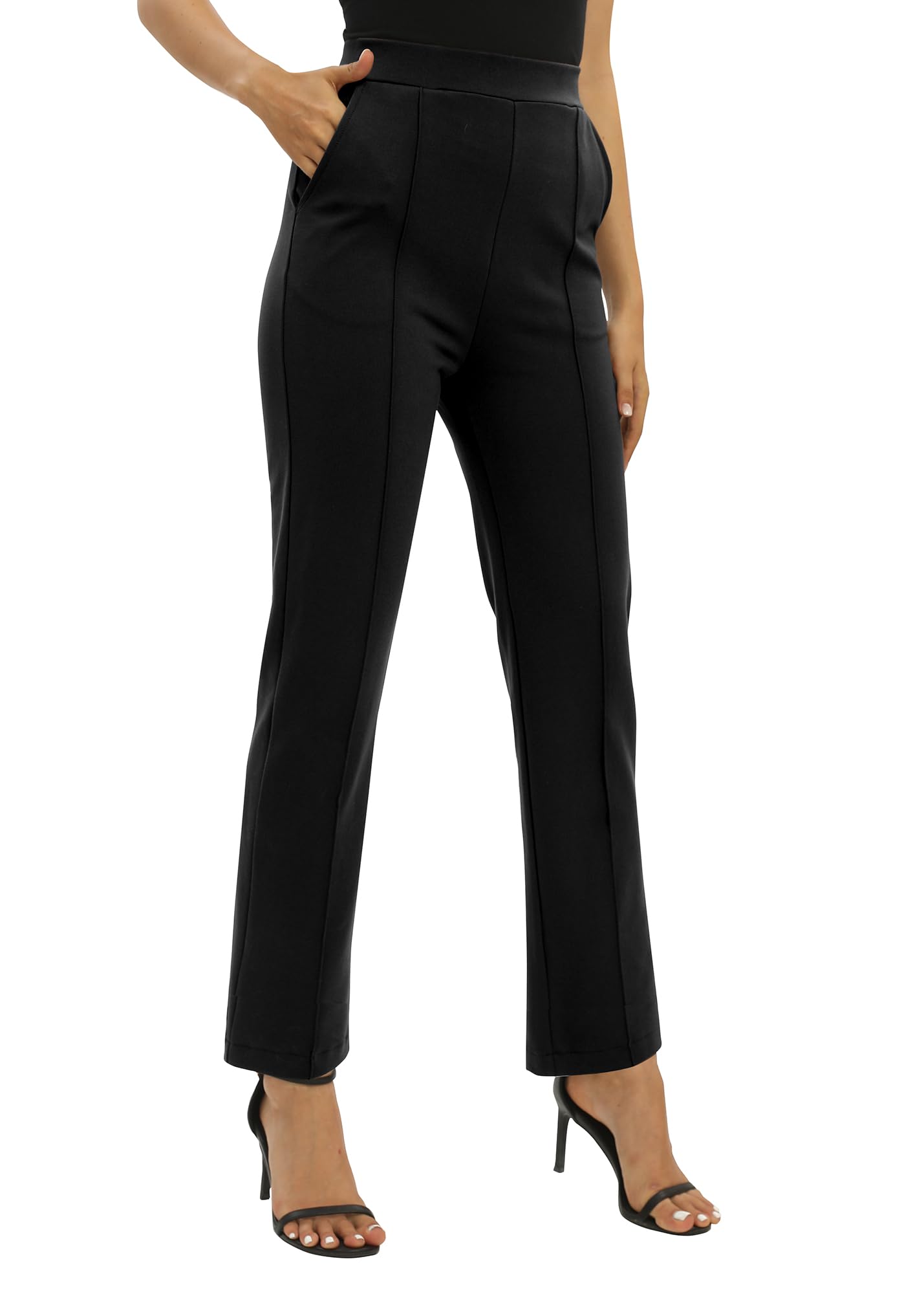 Mujeres Oficina Casual Piernas Rectas Trabajo Pantalones Elástica Cintura Pantalones con Bolsillos