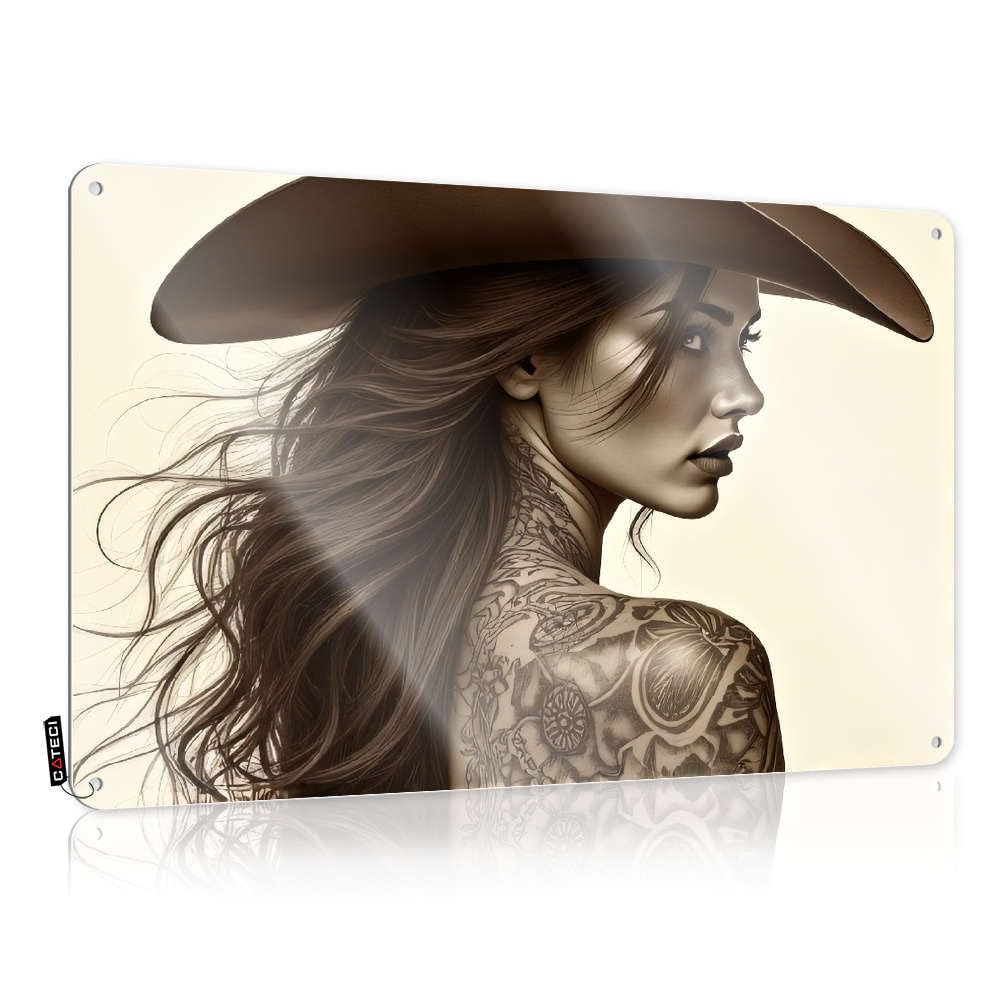 Fzfn Colour Decorations Bathroom Accessories Decor Vintage Wall Decor | Woman With Tattoos Wearing A Cowboy Hat. Classy Decor For Restroom Home Decoration(30X40cm)