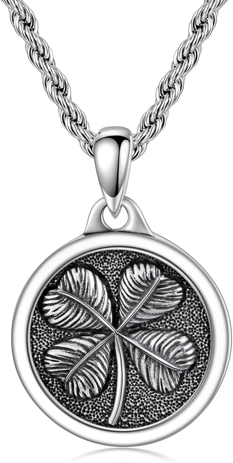 Clover Necklace Sterling Silver Four Leaf Clover Pendant with 22”+2” Stainless Steel Chain Good Luck Gift for Men Women