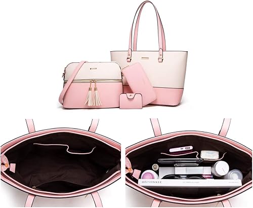 Miniatura 4 de Bolso de mano de cuero sintético de moda para mujer bolso de hombro asa superior juego de 4 unidades A-black &amp; Beige, A-black &amp; Brown,