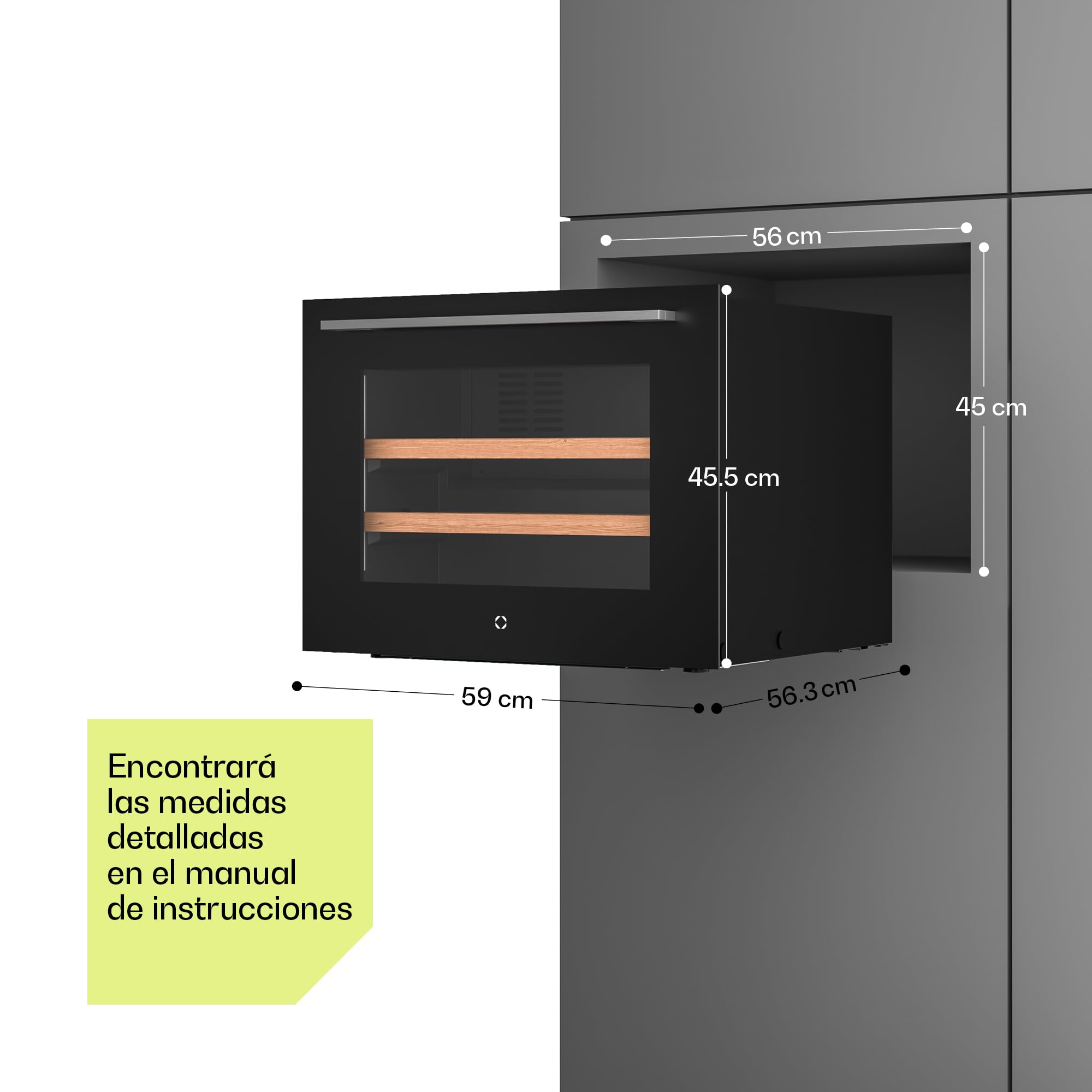 KLARSTEIN Illuminosa Vinoteca Integrable - 19 Botellas, 1 Zona, 5-20°C, LED, Control Táctil, Puerta UV, 3 Estantes Madera, Nevera Vinos Empotrable
