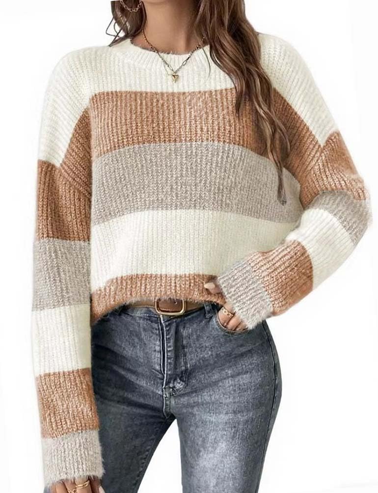 Mywinway Striped Sweater Women Fall Winter Color Block Long Sleeve Crew Neck Soft Knit Pullover Sweaters Casual Tops