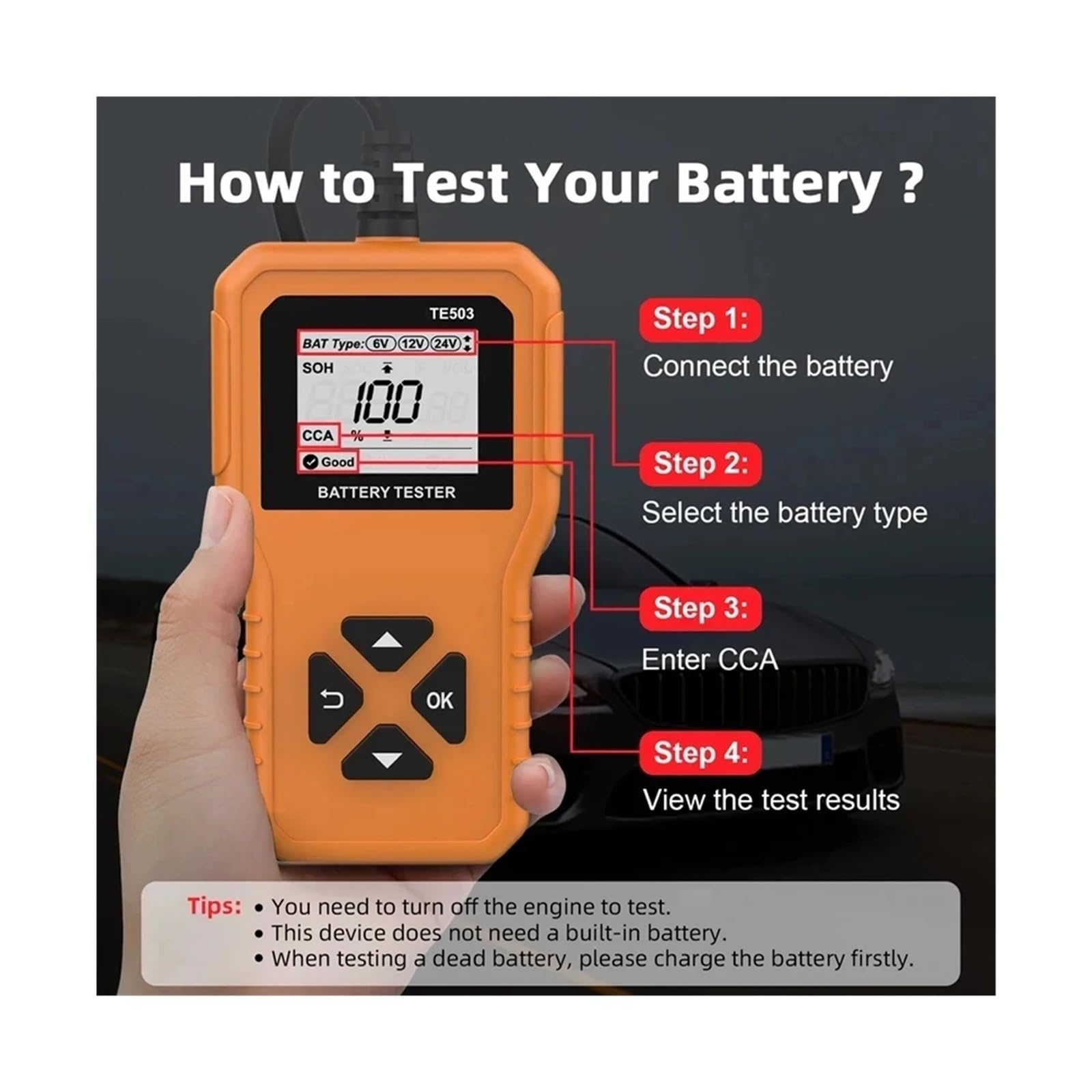 Batterie-Belastungstester, Autobatterietester 100-2200 CCA Batteriesystemanalysator BM550 Autobatteriewerkzeug 6V 12V 24V Autobatterie-Erkennungszubehör
