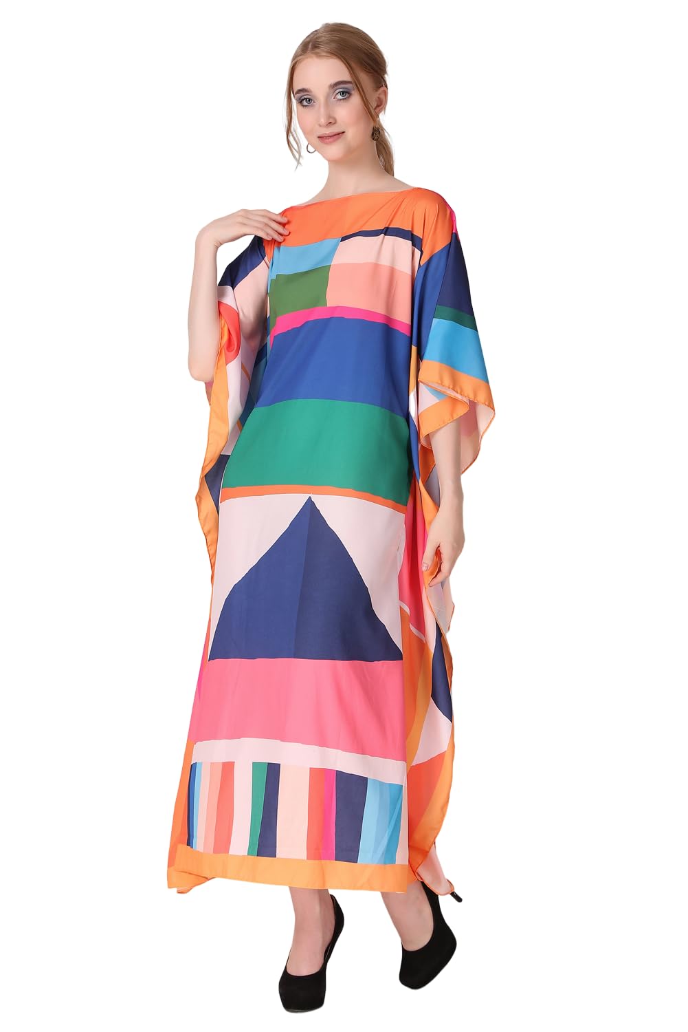 Abstract Geomatric Printed Crepe Maxi Length Kaftan Dress for Women Multicolor Freesize-image-28