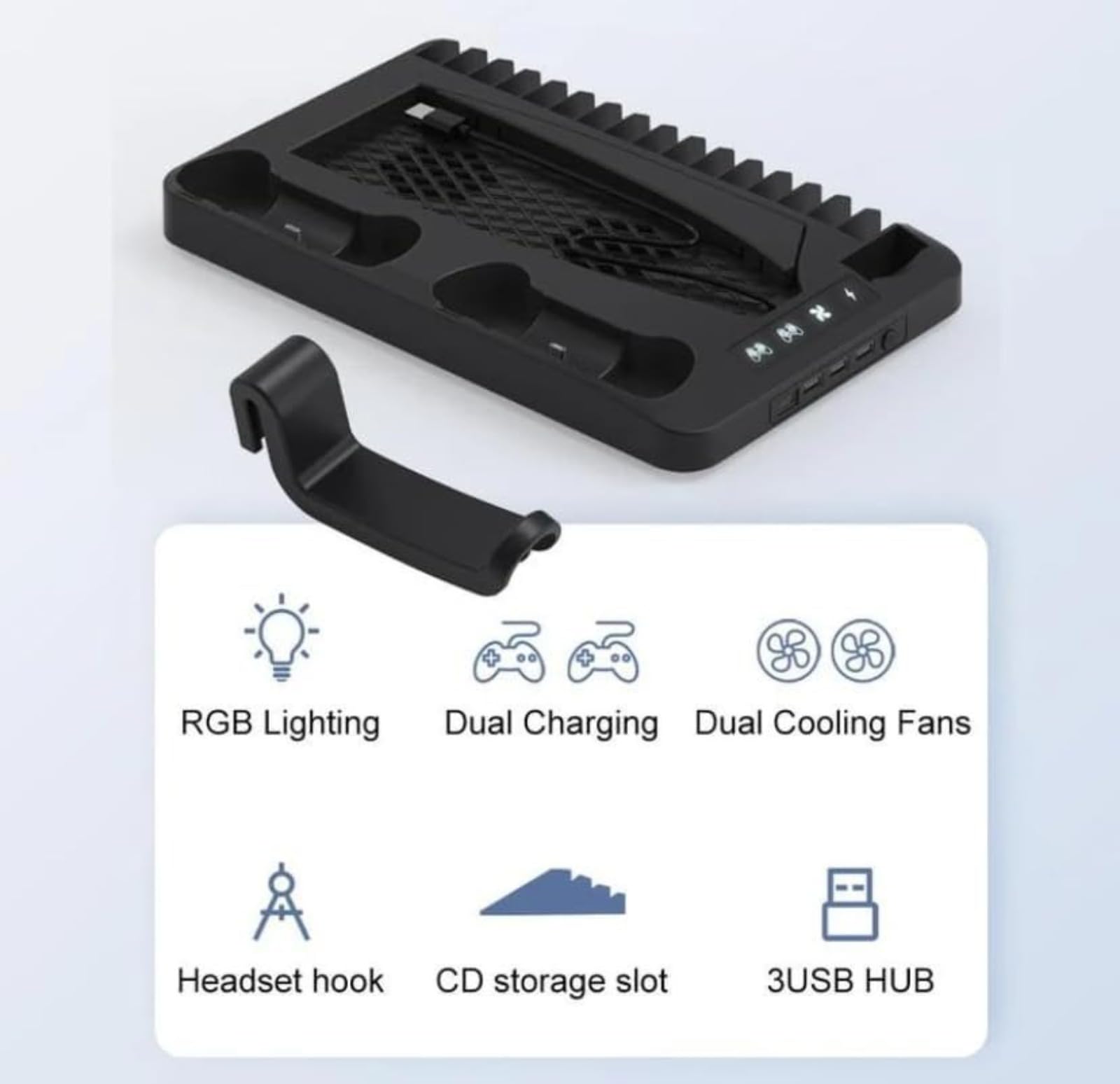 Stazione di ricarica PS5 con doppia ventola di raffreddamento, 2 dock per controller, hub USB a 3 porte, illuminazione RGB, archiviazione CD e gancio per cuffie, supporto organizer per console 5