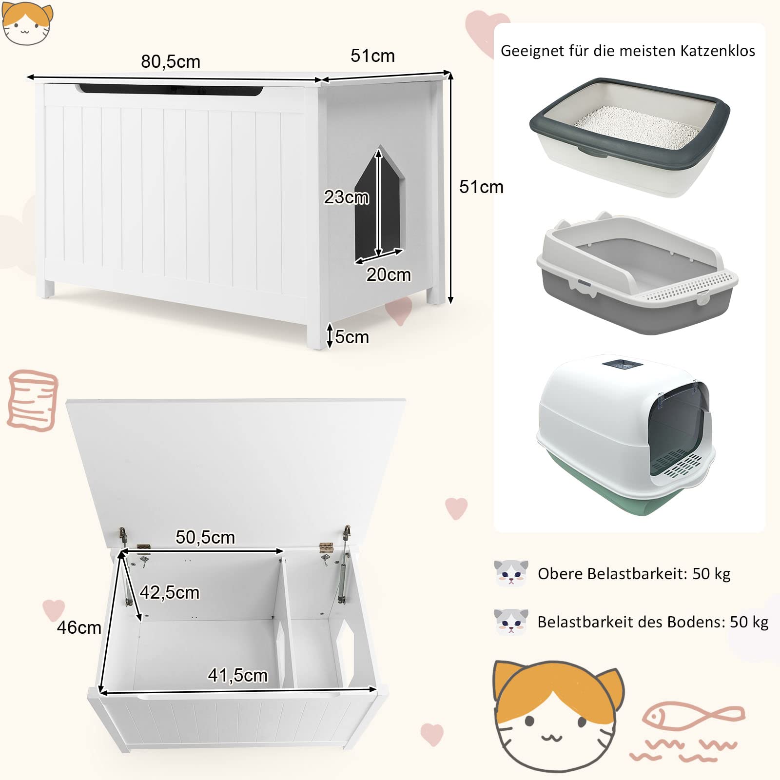 GOPLUS Armario de madera para gatos con divisores móviles, barras de gas y asas cortadas, muebles para gatos con ganchos para porche y balcón